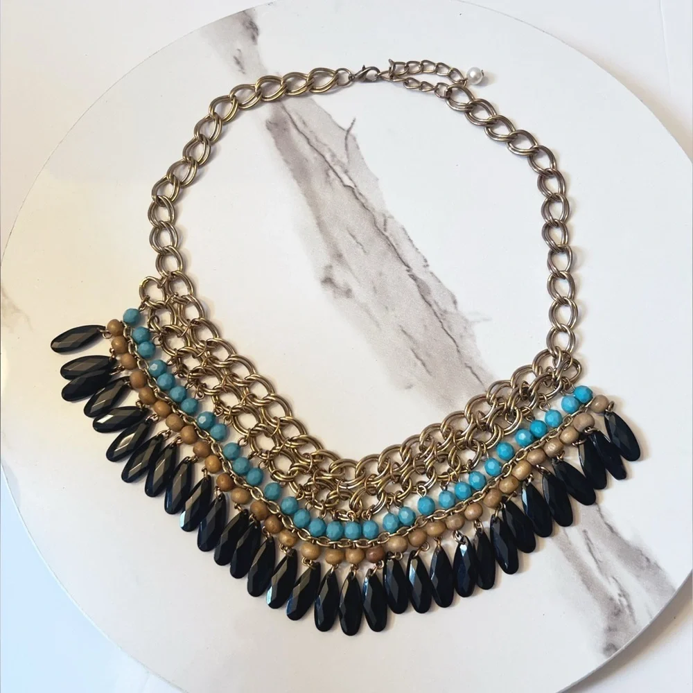 Statement Bib Necklace Gold Tone Turquoise Black And Wooden Beads Dangle Boho - Picture 2 of 6